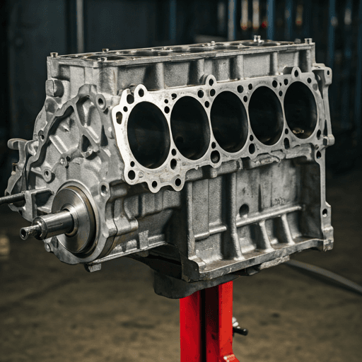 Engine block on a stand being worked on